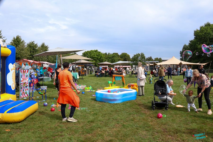 Overzicht van het festivalterrein met springkussen, badjes en kraampjes